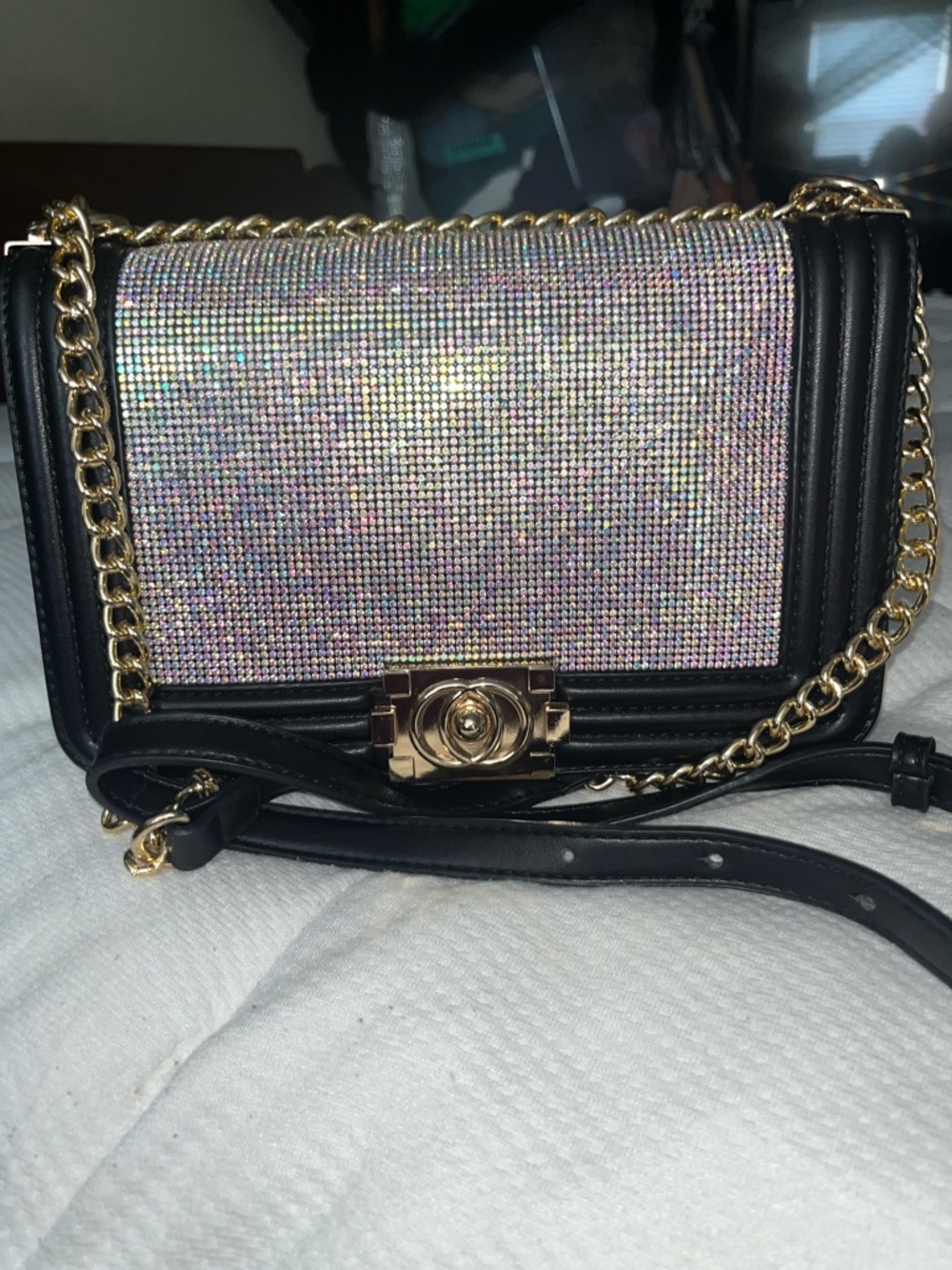 Black Shoulder Bag with Iridescent Crystal Panel